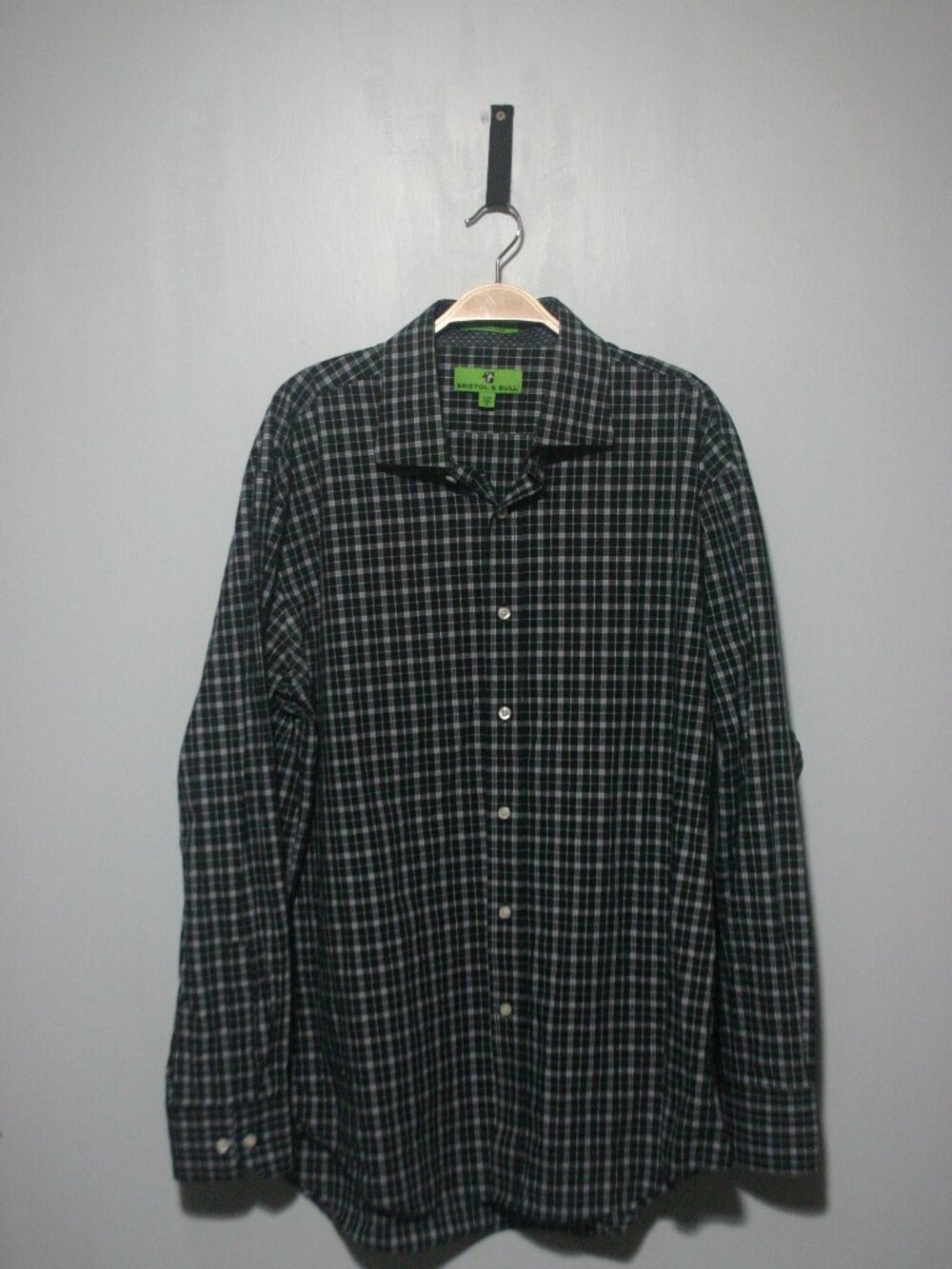 Bristol & Bull Plaid Dress Shirt Black Navy White 100% Cotton XL
